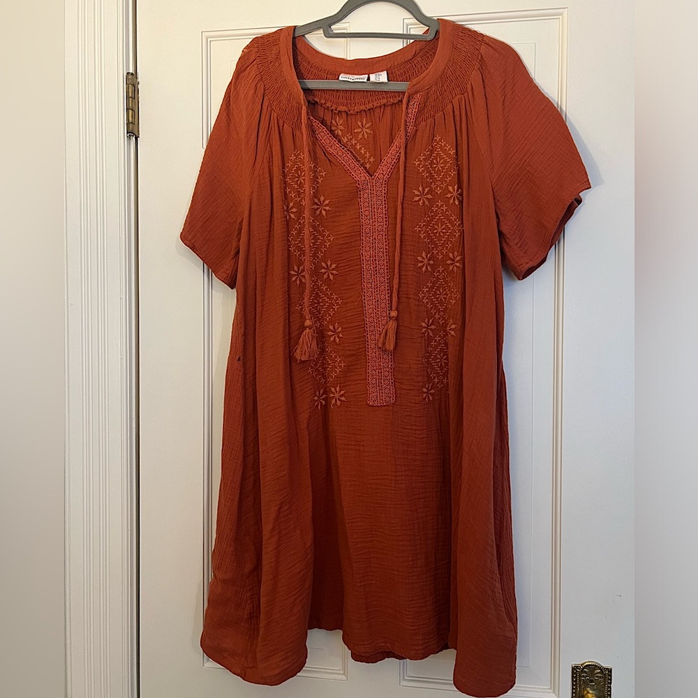 Lucky Brand burnt orange embroidered shift dress with bell sleeves, NWOT